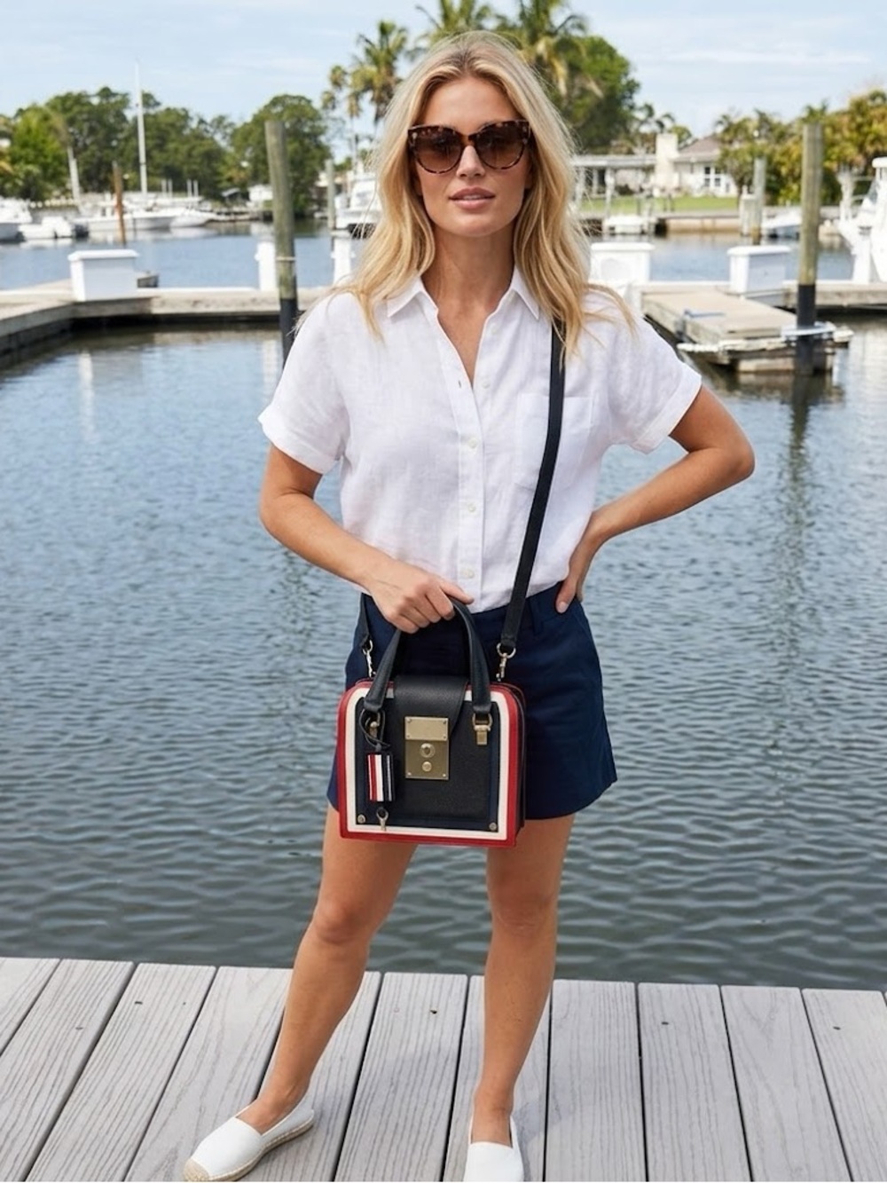 THOM BROWNE Black and Red Crossbody Bag with Adjustable Strap and Gold Hardware